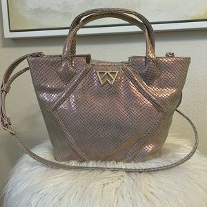Kelly Wynne Cheers to Me Mini tote crossbody in pink iridescent snakeskin